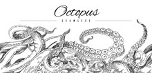 Seamless Octopus Pattern. Horizontal Border, Black And White Hand Drawn Horizontal Vector Illustration