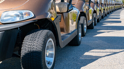 Wall Mural - A row of electric golf carts on a golf course.