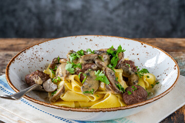 Canvas Print - Venison meatballs with creamy mushroom sauce and pappardelle pasta