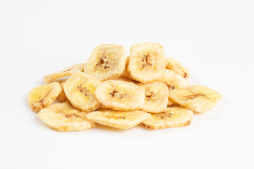 Dried banana chips isolated on white backgrond