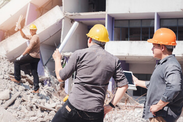 Wall Mural - Demolition control supervisor and contractor discussing on demolish building.