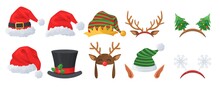 Christmas Hats And Decorations, Vector Illustration. Santa Claus Hats, Funny Elf Ears, Deer Horns, Carnival Headbands.