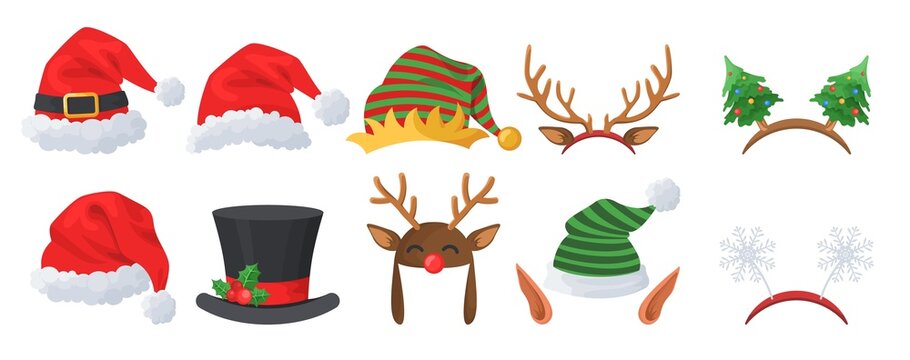 Fototapete - Christmas hats and decorations, vector illustration. Santa Claus hats, funny elf ears, deer horns, carnival headbands.