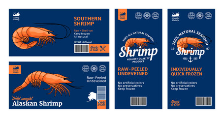 Wall Mural - Vector shrimp labels and design elements. Prawn illustrations