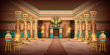 Egypt Temple Game Background, Vector Ancient Pharaoh Pyramid Tomb Interior, Old Stone Column, Vase. History Religion Palace Room, God Silhouette, Wall Hieroglyphs. Egypt Temple Hall, Colonnade, Fire