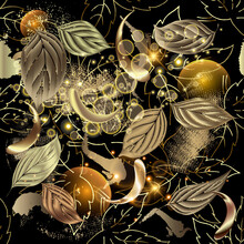 3d Gold Autumn Leaves Seamless Pattern. Leafy Dirty Vector Background. Abstract Rough Shiny Backdrop. Doodle Brush Strokes, Bubbles, Flowers. Hand Drawn  Textured Autumn Leaves. Trendy Ornament