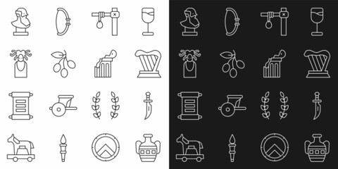 Canvas Print - Set line Ancient amphorae, Dagger, Harp, Gallows, Olives branch, Medusa Gorgon, bust sculpture and Broken ancient column icon. Vector