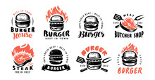 Set Food Emblems. Burger, Meat Steak. Design Elements For Logo, Label, Emblem, Sign, Menu