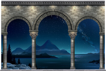 Wall Mural - Classic antique stone arch at blue night