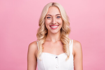 Canvas Print - Photo of young cheerful girl happy positive toothy smile ceramic clinic isolated over pink color background