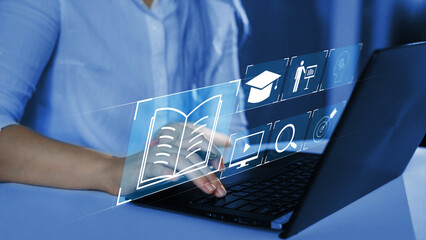 Wall Mural - e-learning concept. student learning online with video tutorial, internet lessons. education and web