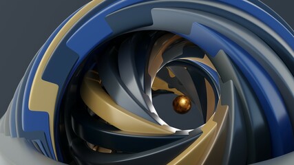 Wall Mural - Fractal digital 3D design.Abstract fractal shape of spiral blue gold brown vortex swirling around the levitating golden sphere.