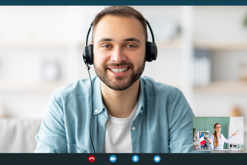 Poster - Happy male student in headphones attending online French class, communicating to teacher from home, computer screen view