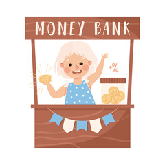 Canvas Print - Little Girl at Money Bank Counter with Pile of Coins Playing Economic Education and Financial Literacy Learning Saving and Investing Cash Vector Illustration