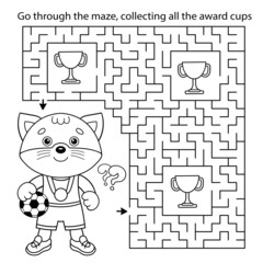 Sticker - Maze or Labyrinth Game. Puzzle. Coloring Page Outline Of cartoon cat with soccer ball. Football. Sport activity. Coloring book for kids.