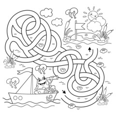 Wall Mural - Maze or Labyrinth Game. Puzzle. Tangled road. Coloring Page Outline Of cartoon fun frog on ship. Little sailor. Coloring book for kids.