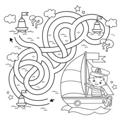 Canvas Print - Maze or Labyrinth Game. Puzzle. Tangled road. Coloring Page Outline Of cartoon sail ship with sailor. Profession. Coloring book for kids. Coloring book for kids.