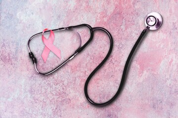 Wall Mural - Pink ribbon and stethoscope on pastel background, Symbol of womens breast cancer