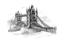 Tower Bridge With A Floating Ship Hand-drawn Engraving