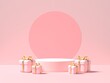 Pink podium and gift boxes on pink background. 3d rendering