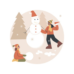 Poster - Building a snowman abstract concept vector illustration. Fun activity, winter season entertainment, Christmas holiday, building with snow, create snowman, family outdoor leisure abstract metaphor.