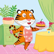 Cute cartoon tiger with pie on colorful background. Vector illustration
