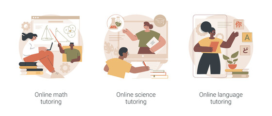 Poster - Online school subject learning abstract concept vector illustration set. Online math, science and language video tutoring, online education in quarantine, reach your academic goals abstract metaphor.
