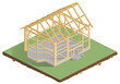 © Georgii - Vector illustration of a house construction stage. Wire-frame of a wooden house. Isometry