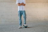young man with skateboard with copy space