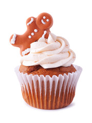 Aufkleber - Holiday gingerbread cupcake with creamy spiced frosting and cookie isolated on a white background