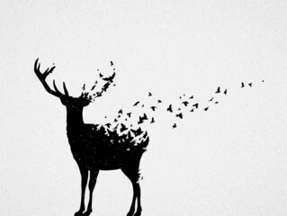Poster - Abstract deer, flying birds. Endangered animal. Black white silhouette