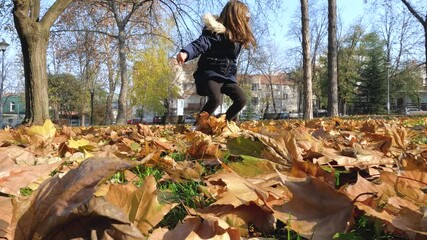 Wall Mural - Happy little girl in autumn park , beautiful day in nature. 