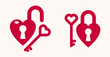 Heart Shaped Padlock Vector Logo Or Icon, Lock And Turnkey Love Theme In A Shape Of Heart Open Or Closed Emotions, Secret Feelings Concept, Valentine Theme.