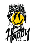 Fototapeta Młodzieżowe - Happy nation slogan print design with graffiti spray paint emoji icon and ancient sculpture
