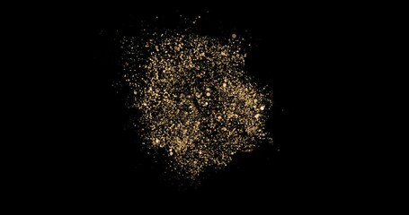 Wall Mural - Gold powder explosion. Golden glitter smoke particles background, shimmer glow or dust light spray. Golden fragrance flow effect with magic glitter fluid sparkles and shine gleaming flares