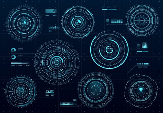 Circle futuristic HUD digital ui interface, data screen dashboard vector elements of Sci Fi game or vr head up display. High tech hologram circles with neon glowing statistics graphics and charts