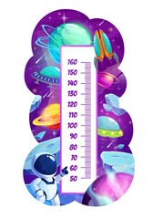 Poster - Kids height chart astronaut and galaxy planets growth measure meter. Cartoon vector wall sticker with cute cosmonaut and ufo saucers in space. Children height measurement scale with spaceman character