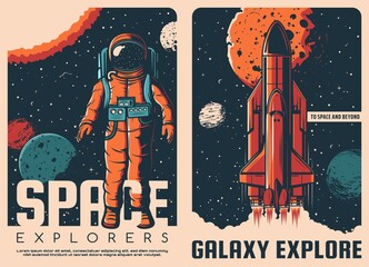 Poster - Astronaut and spaceship retro posters. Galaxy exploration, space travel and planets research vector vintage posters with astronaut in spacesuit, launching shuttle spaceship and Solar system planets