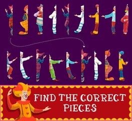 Poster - Half pieces kids game with circus clowns. Education puzzle, matching maze, riddle or attention test, connect pictures of cartoon clowns, shapito jester or joker with funny wigs and red noses