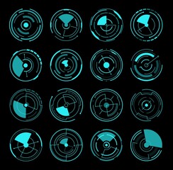 Poster - HUD interface round radars, futuristic circles game UI, vector icons. HUD digital interface for screen dashboard, round frames of sonar of radar or location tracking scanner or gauges for display