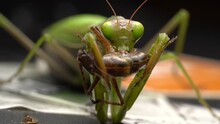 Macro Of A Praying Mantis Feeding On The Dead Insect. Close Up