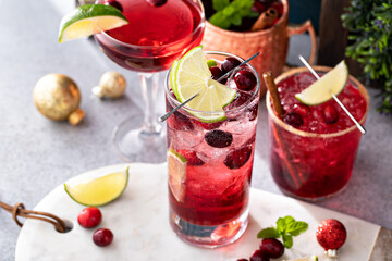 Variety of festive Christmas cocktails with cranberry and lime