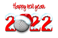 Happy New Year. Snowy Numbers 2022 With Golf Ball In A Christmas Hat. Original Template Design For Greeting Card, Banner, Poster. Vector Illustration On Isolated Background