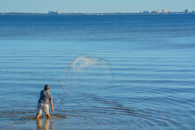 A Fisherman Throwing His Cast Net To Get Bait Fish. On Hammock Bay In Freeport, Walton County, Florida