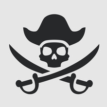 Skull Over Crossed Sabers. Jolly Roger, Flag, Pirate Symbol. Black Mark, Corsairs. Caribbean Sea. Concept Danger, Freedom And Contempt For Death. Flat Design. Cartoon Style. Vector Illustration.