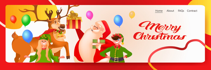 Wall Mural - santa claus with deer and elves holding gift box new year christmas holidays celebration concept lettering greeting card