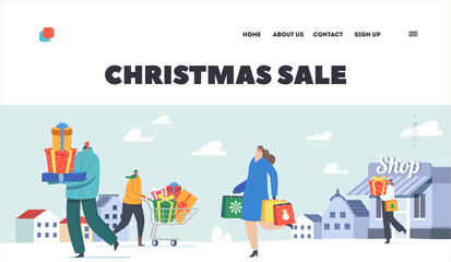 Wall Mural - Christmas Sale Landing Page Template. Happy Characters Carry Gifts and Cart Buying Presents on Fair, Walking Hurry Up