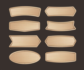 Aufkleber - Wooden stickers label collection. Set of various shapes wood sign boards for sale price and discount stickers, banners, badges. Vector illustration