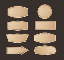 Aufkleber - Wooden stickers label collection. Set of various shapes wood sign boards for sale price and discount stickers, banners, badges. Vector illustration