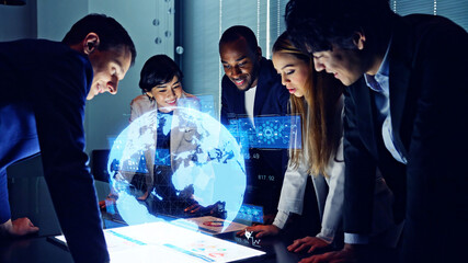 Fototapete - Group of multi racial people watching hologram display. Global business. Management strategy. Science technology. Sustainable development goals. SDGs.